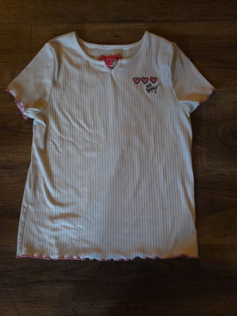 Girls White Ribbed Tee with Pink Heart Accent